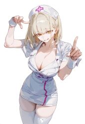 1girls ai_generated blonde_hair detached_cuffs large_breasts nurse pointing pointing_at_viewer sagawa_(artist) smile yellow_eyes