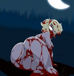 anus_peek background blonde_hair blood blood_in_hair blood_splatter breasts cherry_bloodheart_(yakuman_player) covered_in_blood dirty_blonde_hair fangs fat_pussy grass messy_hair moon moonlight naked night night_sky no_pupils presenting_hindquarters presenting_pussy purple_skin standing_tough vampire vampire_girl