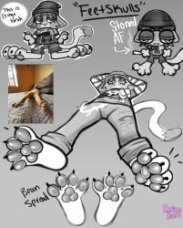 absurd_res anthro calico_cat claws clothing digital_media_(artwork) domestic_cat epic_games eroticbuni feet felid feline felis female foot_focus fortnite fur greyscale hat headgear headwear hi_res hindpaw looking_at_viewer mammal meow_skulls_(fortnite) monochrome pawpads paws simple_background sketch smile solo tail text toe_claws