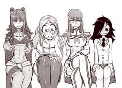 4girls @_@ bodysuit breasts cape cleavage clenched_teeth crossed_legs crossover dildo epaulettes female female_only fire_emblem fire_emblem_awakening greyscale hair_over_one_eye implied_object_insertion jacket junketsu kill_la_kill kiryuuin_satsuki kuroki_tomoko large_breasts medium_breasts miniskirt monochrome multiple_crossover multiple_girls necktie nintendo okita_kyouko okusan pleated_skirt raised_eyebrows school_uniform sitting skirt smile stool sweat teeth tenk tharja_(fire_emblem) thetenk thick_eyebrows thighhighs trembling watashi_ga_motenai_no_wa_dou_kangaetemo_omaera_ga_warui!