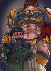 1boy 1girls abs adeptus_astartes armor astra_militarum bigger_female drunkrembrancer female female_space_marine headpat imperial_fists_(space_marine) imperial_guard male muscle muscle_girl muscular muscular_female rule_63 space_marine taller_female taller_girl tomboy warhammer_(franchise) warhammer_40k