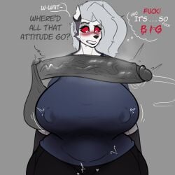 big_breasts big_penis breasts female furry hellhound helluva_boss huge_breasts huge_cock huge_penis hyper_penis jigglephysics loona_(helluva_boss) penis penis_awe size_talk tagme text thick_thighs uncensored wide_hips