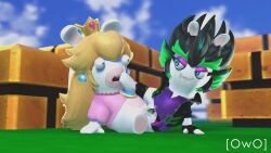 16:9 3d 3d_(artwork) 4k absurd_res black_hair blonde_hair blue_eyes crossover crown digital_media_(artwork) duo edge_(mario_+_rabbids) edge_(mario_plus_rabbids) female fur hair headgear hi_res highlights_(coloring) lagomorph makeup mammal mario_(series) mario_+_rabbids:_sparks_of_hope mario_plus_rabbids_kingdom_battle mario_plus_rabbids_sparks_of_hope nintendo outside owo_sfm pubes rabbid rabbid_peach raving_rabbids sex shocked source_filmmaker_(artwork) sweat_clouds tribadism ubisoft vaginal_penetration white_body white_fur widescreen