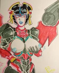 1girls birusbic blue_eyes blue_lipstick blue_nipples breasts female female_only holding_breast mechanical_wings medium_breasts nipples robot robot_girl robot_humanoid transformers windblade