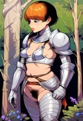 ai_generated armor armour banana_breasts belt bikini bikini_armor blue_eyes bob_cut chest_armor chest_plate d'arce fear_and_hunger frown ginger lips lowered_eyelids midriff navel orange_hair pants perky_breasts pointy_breasts pubic_hair red_hair seelenwanderer_(artist) shoulder_pads toned toned_female vagina