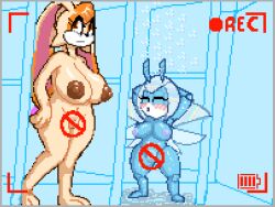 alternate_breast_size anthro censored crossman duo female female/female furry huge_breasts idw_publishing jewel_the_beetle large_breasts pixel_art recording sega sonic_(series) sonic_the_hedgehog_(comics) sonic_the_hedgehog_(idw) vanilla_the_rabbit