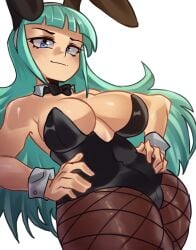 1girls bangs big_breasts black_bow black_bunnysuit blue_eyes blunt_bangs bow breasts bunny_ears bunnysuit cleavage darkstalkers detached_collar female fishnet_legwear fishnets hands_on_hips long_hair looking_at_viewer morrigan_aensland moxydrawsmore playboy_bunny simple_background solo solo_female solo_focus white_background