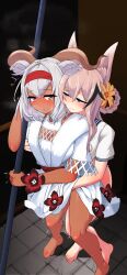 2girls absurdres animal_ears arknights beeswax_(arknights) beeswax_(holiday)_(arknights) blush breasts cardigan_(arknights) clothed_masturbation dark-skinned_female dark_skin dog_ears dog_girl dress fingering fingering_from_behind flower goat_ears goat_girl goat_horns gold_horns grabbing_another's_breast grabbing_from_behind groping hair_flower hair_ornament hairband head_on_another's_shoulder highres holding holding_staff horns masturbation multiple_girls purple_eyes reach-around red_flower red_hairband smile staff steam swimsuit to_pete white_dress yellow_eyes yellow_flower yuri