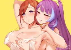 2girls areola_slip arm_up armpits blue_eyes blush breasts brown_hair cleavage clenched_hand collarbone covered_nipples grabbing_another's_breast groping half-closed_eyes kaname_buccaneer large_breasts licking_lips long_hair looking_down macross macross_delta mikumo_guynemer multiple_girls parted_lips ponytail purple_hair red_eyes sasanoneko signature simple_background sweat tongue tongue_out twitter_username web_address yellow_background yuri