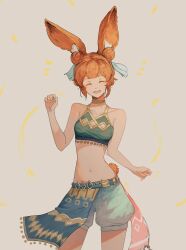 1girls absurdres animal_ears baggy_shorts breasts choker cleavage_cutout closed_eyes clothing_cutout contrapposto crop_top double_bun female female female_only fire_emblem fire_emblem:_the_binding_blade groin hair_bun highres kemonomimi_mode larum_(fire_emblem) lowleg lowleg_shorts navel nintendo open_mouth orange_hair rabbit_ears rabbit_girl rabbit_tail shorts small_breasts smile solo spindle_(aidenr0) tail