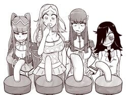 4girls @_@ bar_stool blush bracelet breasts cape cleavage commission crossover dildo epaulettes female female_only fire_emblem fire_emblem_awakening greyscale hair_over_one_eye hand_on_own_hip jewelry junketsu kill_la_kill kiryuuin_satsuki kuroki_tomoko large_breasts medium_breasts microskirt monochrome multiple_crossover multiple_girls necktie nintendo okita_kyouko okusan plaid_clothes plaid_shirt school_uniform sex_toy shirt skirt stool sweat tenk tharja_(fire_emblem) thetenk thick_eyebrows tongue tongue_out twintails watashi_ga_motenai_no_wa_dou_kangaetemo_omaera_ga_warui!