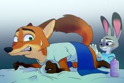 anthro ass_up bent_over big_ears black_nose blush bodily_fluids bottomless bottomless_anthro bottomless_male canid canine clenched_teeth clothed clothing disney doctor duo female fluffy fluffy_tail fox fur gloves green_eyes grey_body grey_fur handwear hi_res imminent_anal judy_hopps lagomorph latex latex_clothing latex_gloves latex_handwear leporid looking_pleasured lube male male/female mammal nervous nick_wilde orange_body orange_fur patient pink_ears pink_nose prostate_exam purple_eyes rabbit raised_tail simple_background sweat tail teeth zigrock001 zootopia