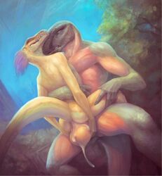 2019 anal anal_sex anthro anthro_on_anthro anus ball_fondling balls big_balls biped bodily_fluids closed_eyes cum cum_in_ass cum_inside cum_on_balls cum_on_self dinosaur duo fondling genital_fluids green_skin hair hand_on_thigh hi_res hug klongi lizard looking_pleasured male male_penetrated male_penetrating nude on_top outside painting penetration purple_hair reptile scalie sex sitting smile smirk tree yaoi yellow_skin