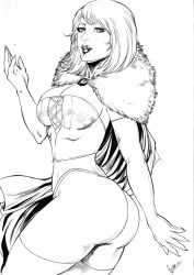 ass ass ass_focus big_butt black_and_white breasts bubble_butt cleavage corset ed_benes_studio emma_frost hellfire_club large_breasts leo_(artist) marvel marvel_comics panties pinup pinup_pose thong thong_panties traditional_media_(artwork) white_queen x-men