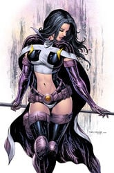 1girls abstract_background belly_button belt big_breasts birds_of_prey black_hair black_shirt black_thighhighs black_topwear breasts busty cape closed_eyes curvaceous curvy dc dc_comics female female_only gloves helena_bertinelli holding_object holding_staff holding_weapon human human_only huntress_(dc) justice_league large_breasts long_hair looking_down makeup mascara midriff navel panties pink_lips pinup posing pouch purple_belt purple_cape purple_gloves purple_thighhighs realistic sean_ellery signature solo solo_female solo_focus staff stomach superheroine thighhighs thighs tyler_kirkham utility_belt voluptuous weapon white_shirt white_topwear