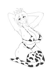 absurdres alternate_costume animal_print armpits arms_behind_head ass bikini blush breasts cow_print cow_print_bikini female full_body highres horn_hairband huge_ass huge_breasts lockfox midriff monochrome ponytail print_bikini sitting smile socks solo sweat sweatdrop swimsuit torre_(tower_of_sky) tower_of_sky wariza