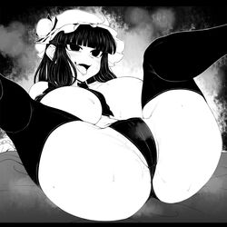 ass big_breasts breasts female ginku_mh hat lying monochrome naughty_face patchouli_knowledge sweat thighhighs thong_panties tie tongue tongue_out touhou