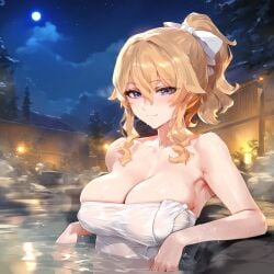 1girls ai-created ai_generated bangs bare_shoulders bathing blonde_hair blue_eyes blush bow breasts clavicle cleavage closed_mouth completely_nude curvaceous curvaceous_female curvaceous_figure curvy curvy_figure female female female_focus full_moon genshin_impact hair_between_eyes hair_ornament hairbow high_ponytail jean_(genshin_impact) jean_gunnhildr large_breasts long_hair looking_at_viewer moon naked_towel night night_sky onsen outdoors partially_submerged ponytail sidelocks sky smile solo star_(sky) starry_sky steam tied_hair towel voluptuous voluptuous_female waifulover water wet