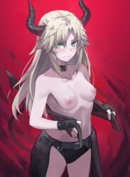 bangs black_gloves blonde_hair blush braid breasts choker closed_mouth clothing demon_girl demon_horns demon_tail fate/apocrypha fate/grand_order fate_(series) female fingerless_gloves french_braid gloves green_eyes high_resolution horns long_hair looking_at_viewer mordred_(fate) mordred_(fate/apocrypha) navel nipples parted_bangs ponytail red_background sidelocks small_breasts smile solo tail thighs tied_hair tonee topless