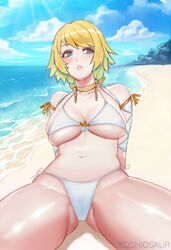 arms_behind_back beach belly bellybutton bikini blonde_hair blue_eyes blue_hair blush choker female fire_emblem fire_emblem_heroes fjorm_(fire_emblem) forest koshiosaur large_breasts medium_breasts multicolored_hair open_mouth puckered_lips sand sea short_hair sitting sitting_down smile solo swimsuit