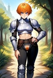 ai_generated armor armour belt blue_eyes chest_armor chest_plate cocked_hip d'arce fear_and_hunger frown ginger hand_on_hip midriff navel orange_hair pants pout pubic_hair red_hair seelenwanderer_(artist) shoulder_pads toned toned_female vagina