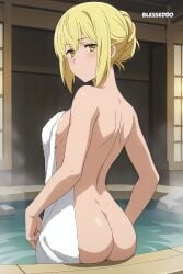 1girls ai_generated aiz_wallenstein ass ass_focus blesseddo blonde_hair dungeon_ni_deai_wo_motomeru_no_wa_machigatteiru_darou_ka looking_at_viewer looking_back no_bra no_panties short_hair solo yellow_eyes