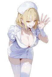 1girls ai_generated arm_behind_back blonde_hair gloves large_breasts nurse nurse_cap sagawa_(artist) salute smile yellow_eyes