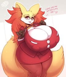 1girls absurd_res anthro anthrofied big_breasts big_ears big_tail blush breasts bursting_breasts buttons canine chubby cleavage clothed clothing delphox dialogue eyewear female female_only fox furry glasses half-closed_eyes heart hi_res huge_breasts inviting jacket large_breasts looking_at_viewer mammal nintendo open_mouth orange_fur overweight overweight_female pokémon_(species) pokemon pokemon_xy red_eyes red_fur robe secretly_saucy simple_background skirt smile solo spoken_heart standing stick straining_buttons tail teacher teeth text thick_thighs tongue video_games watermark white_fur wide_hips yellow_fur