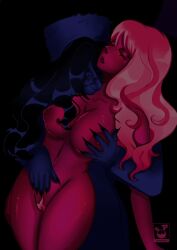 2girls blue_body breast_grab breasts claws fingering inconfortable red_body vampire yuri