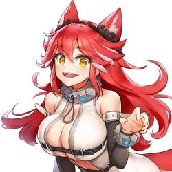 animal_ears arm_warmers bare_shoulders battle_suit battlesuit belt bracelet claw_pose cleavage collar color extra_ears eyebrows_visible_through_hair fangs female female_focus female_only fenrir_(last_origin) game_cg hair_between_eyes hair_ornament headdress heart-shaped_pupils huge_breasts kakiman last_origin long_hair looking_at_viewer open_clothes open_mouth red_hair skindentation sleeveless smile smiling smiling_at_viewer spiked_hair spiky_hair tight_clothing transparent_background upper_body wolf_ears wolf_girl yellow_eyes