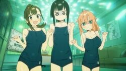 3girls animated big_breasts black_hair blue_one-piece_swimsuit blush bouncing_breasts breasts flat_chest hair_between_eyes huge_breasts indoors komaro-chan kotobuki_hisako long_hair looking_at_viewer medium_breasts multiple_girls official_art open_mouth orange_hair ponytail school_swimsuit seitokai_nimo_anawa_aru! short_hair sidelocks small_breasts smile swimsuit terui_arisu thighs