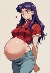 ai_generated happy jeans misato_katsuragi neon_genesis_evangelion pregnant pregnant_belly ready_to_pop red_jacket