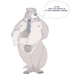 2024 absurd_res anthro bad_bovine balls belly big_belly butler dialogue english_text eyewear flaccid genitals glasses hi_res humanoid_hands male mammal mature_male moobs mustelid necktie nipples otter overweight overweight_male penis pubes solo text