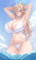 1girls asuna_(blue_archive) bikini blonde_hair blue_archive blue_eyes breasts female hair_over_one_eye halo hi_res huge_breasts kuavera large_breasts light-skinned_female light_skin long_hair naughty_face outdoors thick_thighs wide_hips