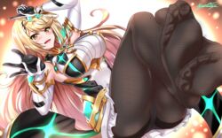 1girls armor ass bangs blonde_hair blush breasts dress earrings elbow_gloves feet female gem gloves headpiece highres hip_focus huge_filesize jewelry large_breasts legs long_hair looking_at_viewer mythra_(xenoblade) nez-box nintendo no_shoes open_mouth panties short_dress signature smile soles solo swept_bangs tiara toes underwear very_long_hair white_dress white_gloves xenoblade_(series) xenoblade_chronicles_2 yellow_eyes