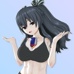 1girls 3d alternate_breast_size between_breasts big_breasts black_hair black_panties busty cleavage confident drink female female_only hair_ribbon half-closed_eyes large_breasts long_hair looking_at_viewer midriff naughty_face navel neptunia_(series) open_mouth panties red_bull red_eyes sensual sexually_suggestive smile sports_bra teasing teeth toned tongue twintails uni_(neptunia) voluptuous