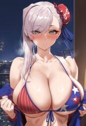 ai_generated asian_female big_breasts bikini blue_hair curvy fate/grand_order fate_(series) mikayori miyamoto_musashi_(fate) miyamoto_musashi_(swimsuit_berserker) pink_hair