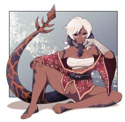 absurdres au_ra bare_legs bare_shoulders barefoot black_scales breasts chest_sarashi cleavage dark-skinned_female dark_skin dragon_girl dragon_horns feet female fingernails floral_print gradient_background grey_background hand_on_own_leg highres hokuto_kensei_(kenseihokuto) holding_own_head horns japanese_clothes kimono lamb-oic029 long_eyelashes long_hair long_tail looking_at_viewer medium_breasts midriff_peek nude on_floor open_mouth original prosthesis prosthetic_arm pussy raised_eyebrows red_kimono sarashi shadow shiny_skin smile spiked_tail tail toenails tongue two-tone_background white_background white_hair