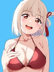 1girls absurd_res absurdres bare_arms bare_chest bare_hands bare_midriff bare_shoulders bare_skin bare_torso belly bikini bikini_only bikini_top blonde_female blonde_hair blonde_hair_female blue_background blush blush_lines blushing_at_viewer blushing_female borgbutler breasts cleavage collarbone dot_nose eyebrows_visible_through_hair female female_focus female_only fingers hair_ribbon half_naked hand_on_breast hand_on_chest hand_on_own_breast hand_on_own_chest head_tilt high_resolution high_school_student highres light-skinned_female light_skin lips looking_at_viewer lycoris_recoil medium_breasts medium_hair naked naked_female nishikigi_chisato nude nude_female open_mouth open_mouth_smile parted_lips red_bikini red_bikini_only red_bikini_top red_eyes red_eyes_female red_hair_ribbon red_ribbon red_string_bikini red_swimsuit red_swimwear ribbon school_girl short_hair shoulders simple_background slender_body slender_waist slim_girl slim_waist smile smiling_at_viewer solo standing string_bikini swimsuit swimwear teen_girl teenage_girl teenager thin_waist tilted_head tongue upper_body upper_teeth