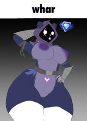 anthro anthro_only blush bombastickitten breasts clothing epic_games fat_thighs female fortnite furry genitals hand_behind_head heart_symbol hi_res legwear meme pussy raven_team_leader robot_arm scar_on_thigh shadow_face shocked solo text thick_thighs thigh_highs whar wide_eyed