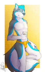 2019 anthro balls_outline blue_eyes blue_hair bulge canid canine canis clothing clyde_wolf cup domestic_dog fur grey_fur hair hi_res holding_cup holding_object husky hybrid looking_at_viewer male male_only mammal multicolored_fur nordic_sled_dog simple_background smile solo spitz standing underwear white_fur wolf yellow_clothing yellow_underwear