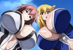 2girls angeloid astraea_(sora_no_otoshimono) blonde_hair breasts closed_mouth cloud dimension252525 from_below green_eyes huge_breasts ikaros kadokawa_shoten long_hair looking_at_viewer looking_down low_twintails multiple_girls open_mouth pink_hair red_eyes revealing_clothes shiny_skin short_hair_with_long_locks sky smile sora_no_otoshimono twintails upper_body