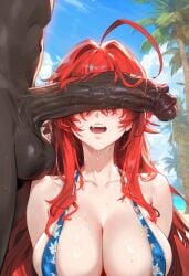 1boy 1boy1girl 1girls ai_generated beach big_breasts big_penis bikini blush breasts cant_see_the_haters chocopizza clothed_female_nude_male cock_shock dark-skinned_male female high_school_dxd huge_breasts huge_cock imminent_oral imminent_penetration imminent_sex interracial long_hair male nude_male on_knees outdoors penis penis_awe penis_covering_eyes penis_on_face red_hair rias_gremory saliva saliva_trail sex sling_bikini standing straight