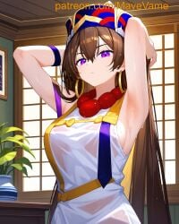 ai_generated armpits brown_hair earrings fate/grand_order fate_(series) hands_behind_head mave_vame mouth_closed purple_eyes sweat xuangzang_sanzang_(fate) xuanzang_(fate)