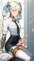 1futa ahe_gao ai_generated cum dickgirl ejaculation futanari horsecock jinhsi_(wuthering_waves) pencil_skirt penis slitless_pencil_skirt tattoo testicles tight_pencil_skirt twintails white_shirt wuthering_waves yuuki_snow