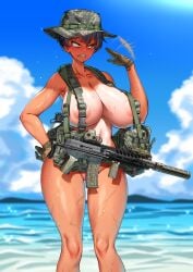 breasts camo_clothing camo_print camouflage convenient_censoring female gloves gun hat hitch_(hitch_driessen/perotoss400/kirochef) nipples sharp_teeth tan_body tanline tanned thighs weapon wet wet_body wet_skin