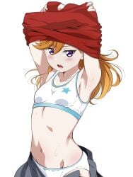 armpits arms_above_head arms_up bare_armpits bare_belly bare_hips bare_midriff bare_navel bare_shoulders bare_skin bare_torso blue_trim blush blush blush_lines blushing_at_viewer blushing_female borgbutler bra breasts clothes_lift clothes_pull collarbone dot_nose embarrassed embarrassed_female embarrassed_nude_female exposing exposing_chest exposing_self female fingers flat_belly flat_chest flat_chested grey_skirt hair_between_eyes hands_above_head hands_up high_school_student hourglass_figure long_hair looking_at_viewer love_live! love_live!_superstar!! midriff navel open_mouth orange_eyebrows orange_hair orange_hair_female panties parted_lips petite petite_body petite_breasts petite_female petite_girl pulling_own_clothes purple_eyes purple_eyes_female red_shirt school_girl shibuya_kanon shirt shirt_lift simple_background skinny skinny_female skinny_girl skinny_waist skirt slender_body slender_waist slim_girl slim_waist small_breasts solo star_(symbol) star_print stomach sweat sweatdrop teen_girl teenage_girl teenager thin_waist tongue underwear undressing undressing_self upper_teeth white_background white_bra white_panties white_underwear wide_hips