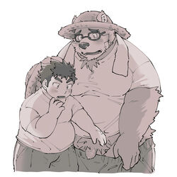 1:1 2019 anthro belly blush bottomwear chubby_protagonist_(tas) clothing duo eyewear glasses h_s_050 hat headgear headwear human humanoid_hands male male_only mammal overweight overweight_male pants penis protagonist_(tas) straw_hat tokyo_afterschool_summoners towel ursid video_games volos