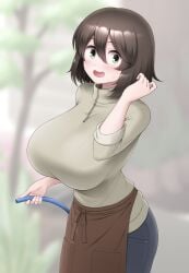 1girls apron big_breasts blush breasts brown_hair female_focus female_only green_eyes hair_between_eyes hi_res highres holding_object huge_breasts jeans large_breasts light-skinned_female open_mouth outdoors short_hair sweater unadare