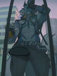 against_surface anthro ausen blue_body blue_scales bottomwear building bulge clothing detailed_bulge dragon erection genital_outline hair hi_res horn male muscular muscular_anthro muscular_male mythological_creature mythological_scalie mythology on_glass otternito pants penis_outline scales scalie shirtless skyscraper topwear vest white_hair window window_washing